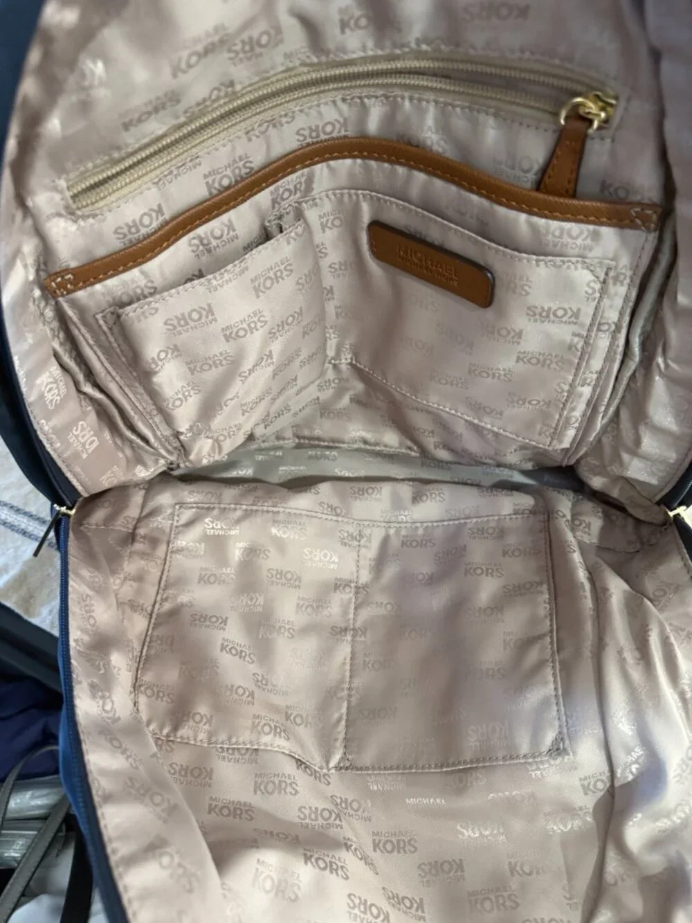 Michael Kors Navy Nylon Backpack Brown Leather Trim Gold Hardware